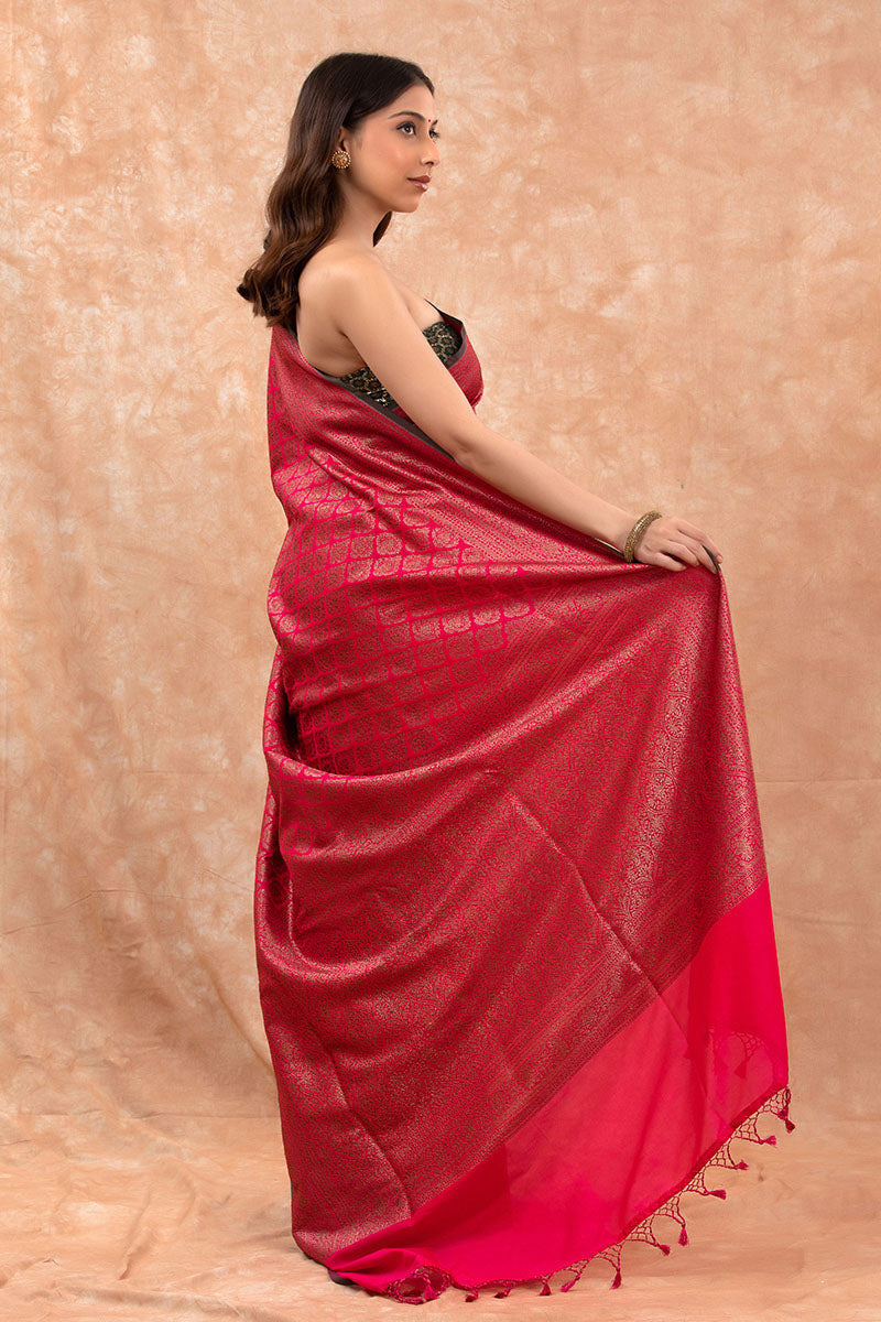 Magenta Pink Ethnic Woven Casual Silk Saree - Chinaya Banaras