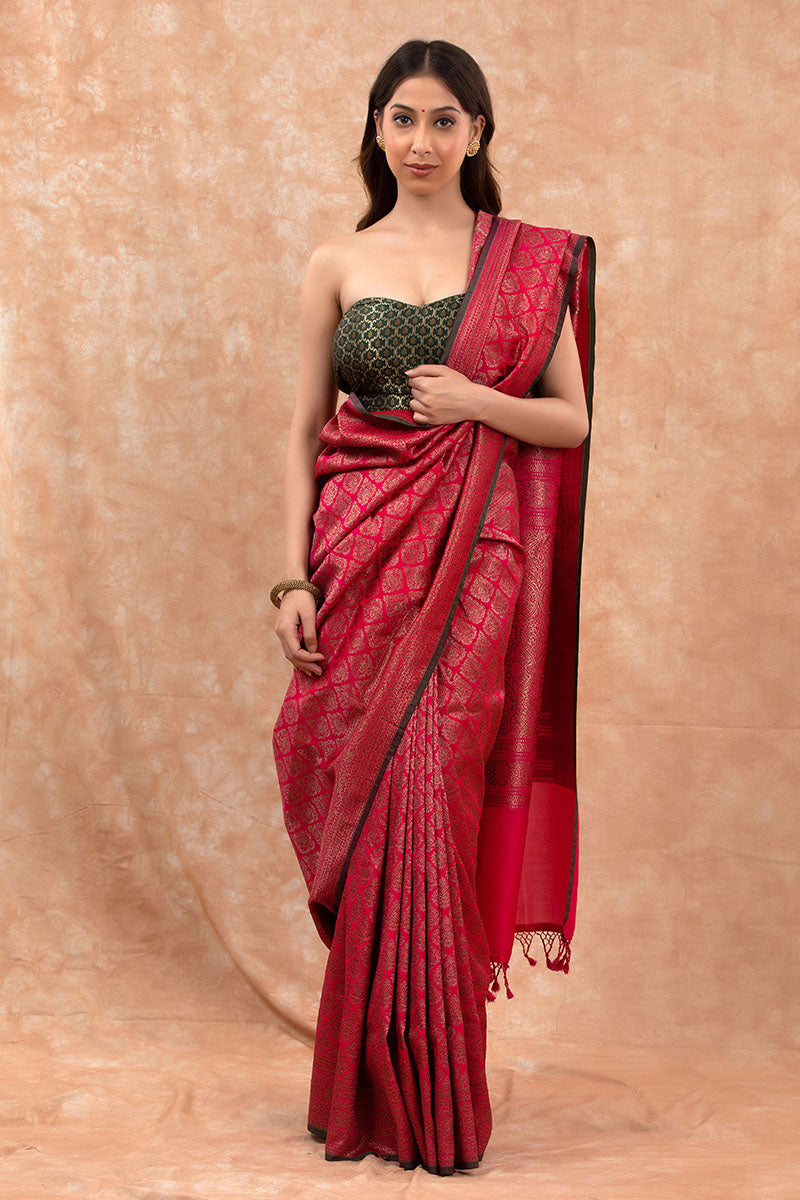 Magenta Pink Ethnic Woven Casual Silk Saree - Chinaya Banaras