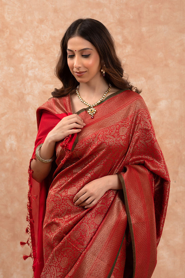 Red Ethnic Woven Casual Silk Saree - Chinaya Banaras