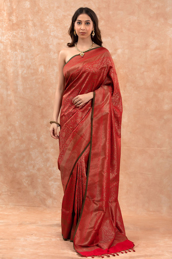 Red Ethnic Woven Casual Silk Saree At Chinaya Banaras 
