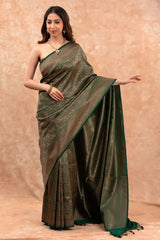 Forest Green Ethnic Woven Casual Silk Saree - Chinaya Banaras