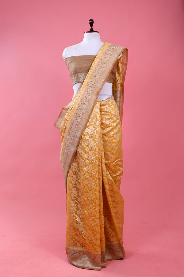 Yellow Floral Jaal Woven Casual Silk Saree At Chinaya Banaras