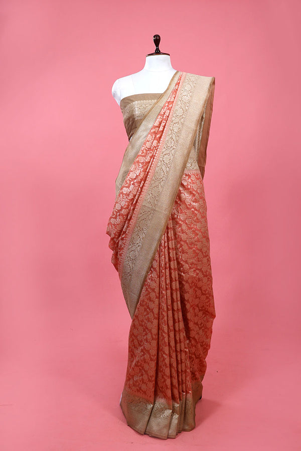 Peach Floral Jaal Casual Silk Saree By Chinaya Banaras