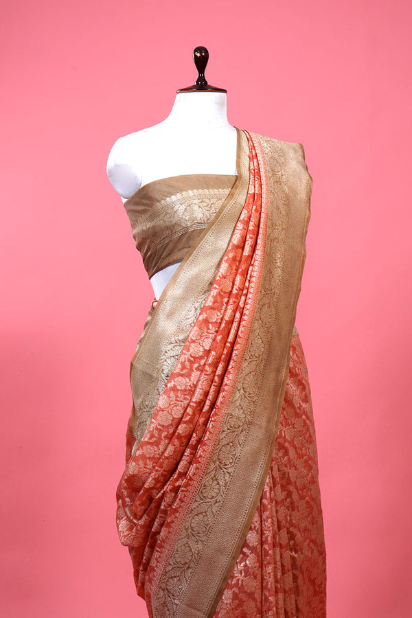 Peach Floral Jaal Woven Casual Silk Saree - Chinaya Banaras