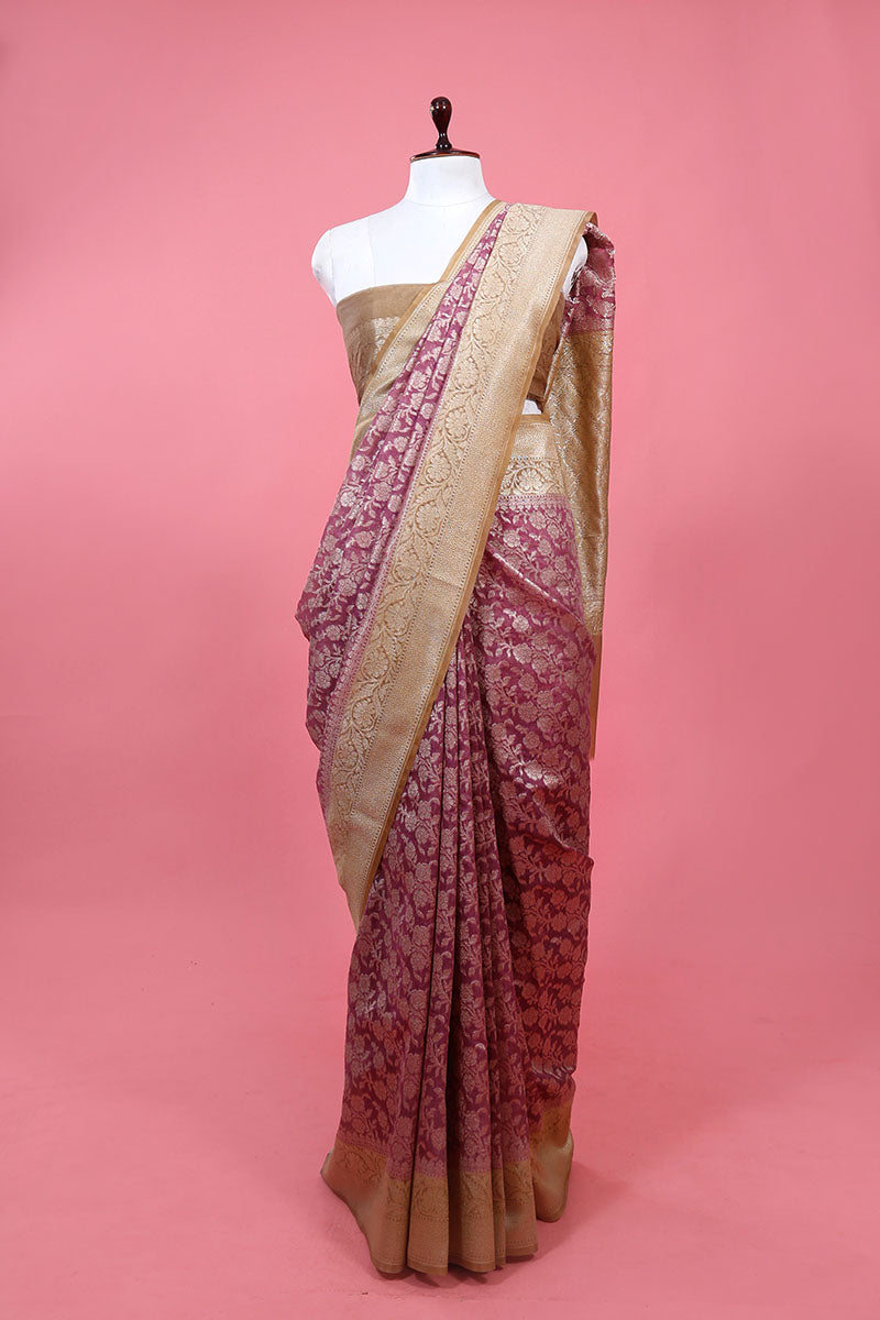 Mauve Floral Jaal Casual Silk Saree By Chinaya Banaras