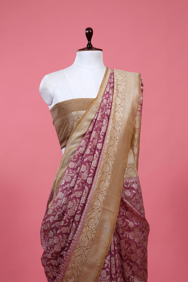 Mauve Floral Jaal Woven Casual Silk Saree - Chinaya Banaras