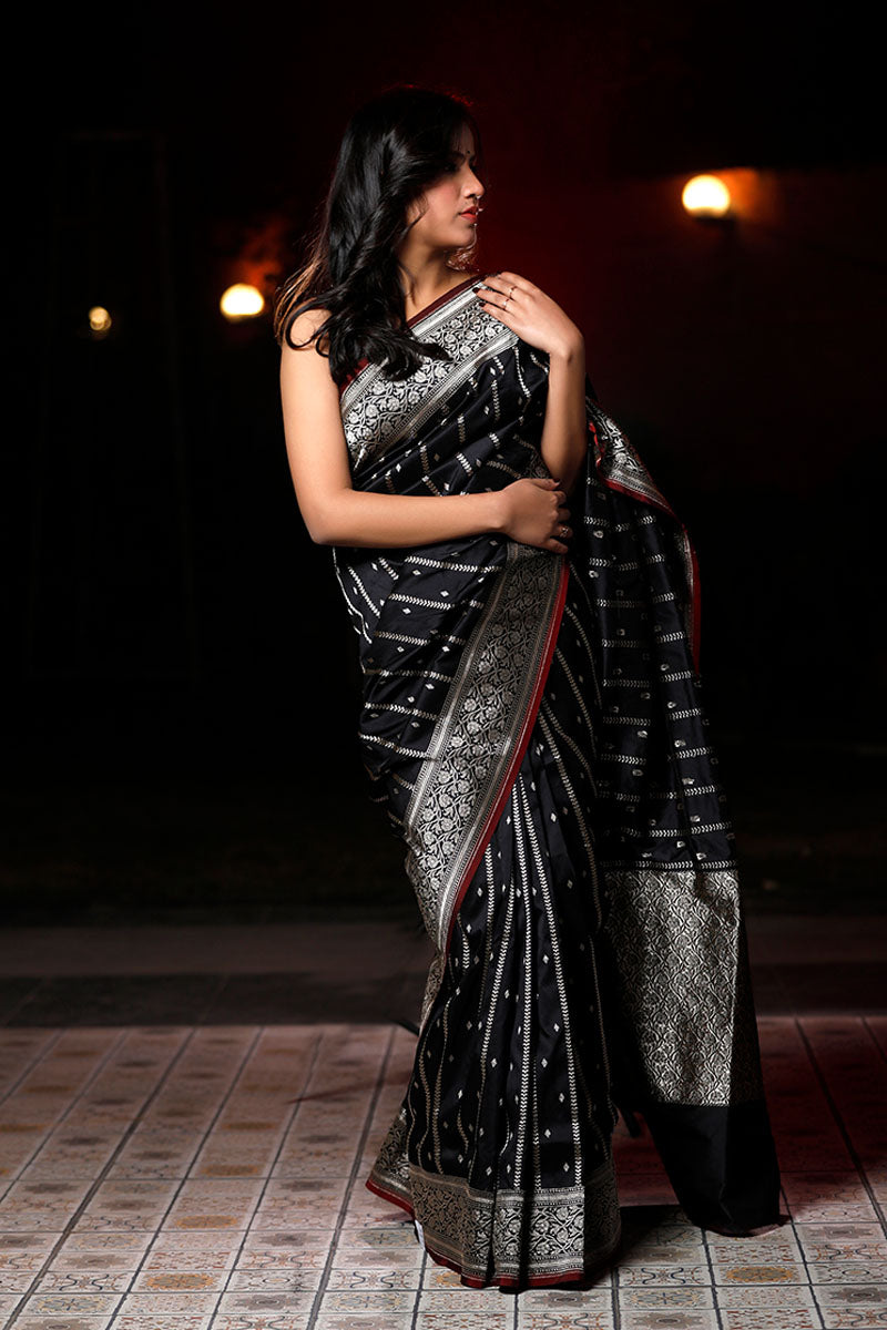 Deep Black Woven Silk Saree