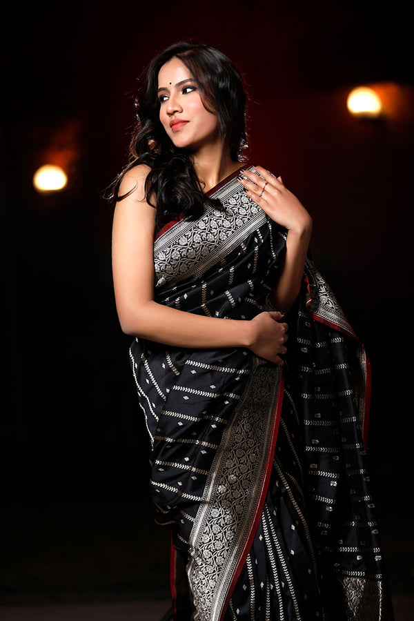 Deep Black Woven Silk Saree