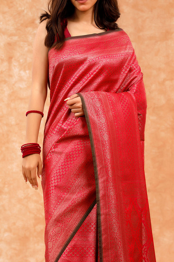 Dark Pink Ethnic Woven Silk Saree