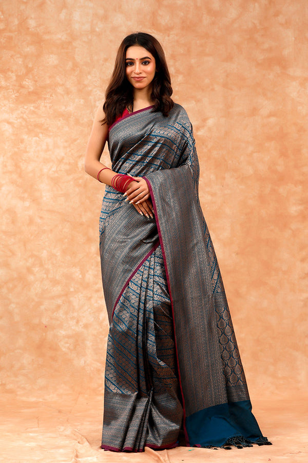 Teal Woven Casual Silk Saree By Chinaya Banaras