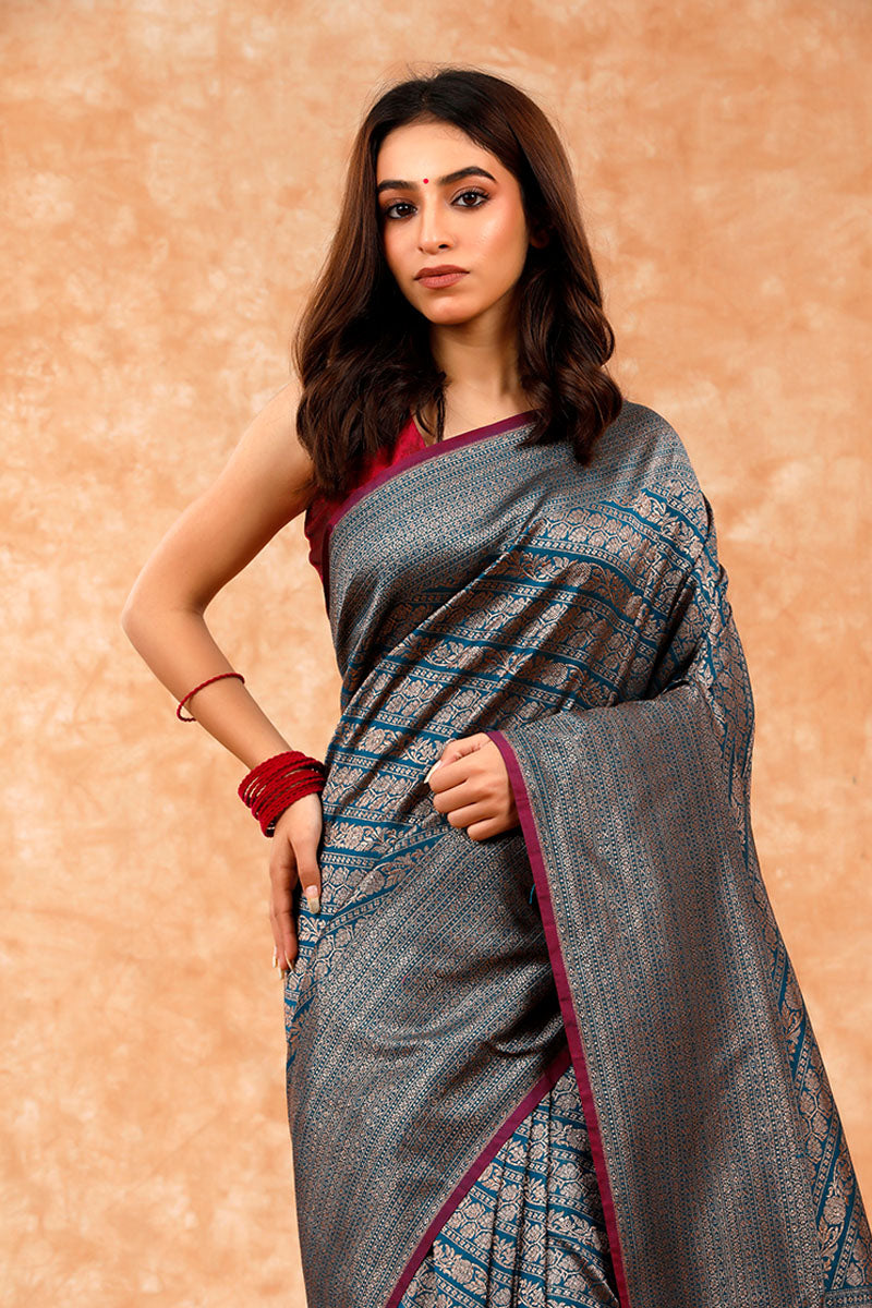 Teal Ethnic Woven Silk Saree