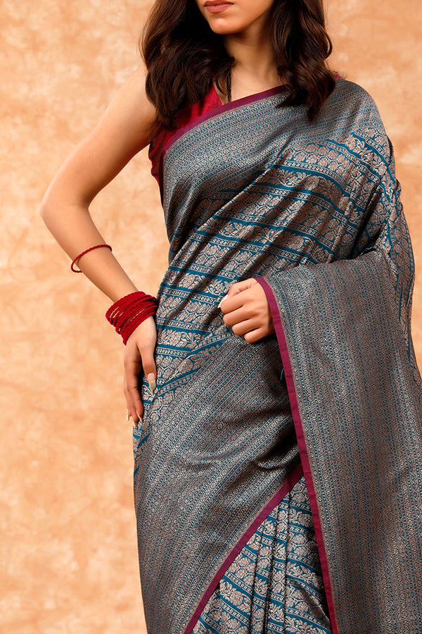 Teal Ethnic Woven Silk Saree