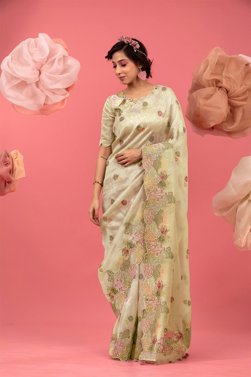 Marine Embroidered Linen Saree