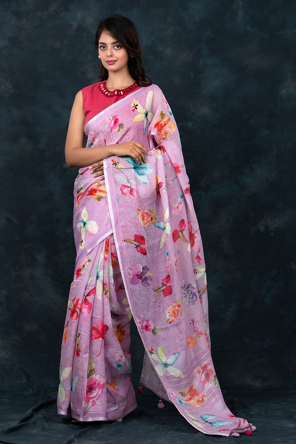 Women In Lavender Floral Printed Linen Saree At Chinaya Banaras