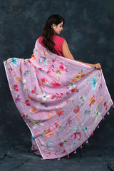 Lavender Floral Printed Linen Saree - Chinaya Banaras