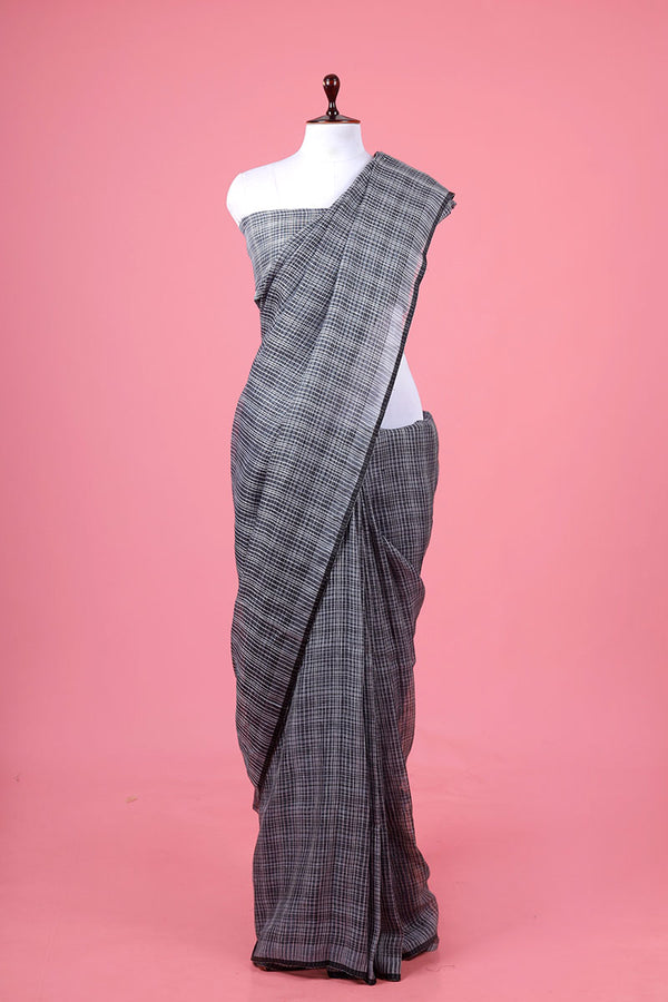 Grey Checkered Woven Linen Saree By Chinaya Banaras