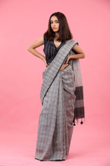 Black Checkered Woven Linen Saree - Chinaya Banaras