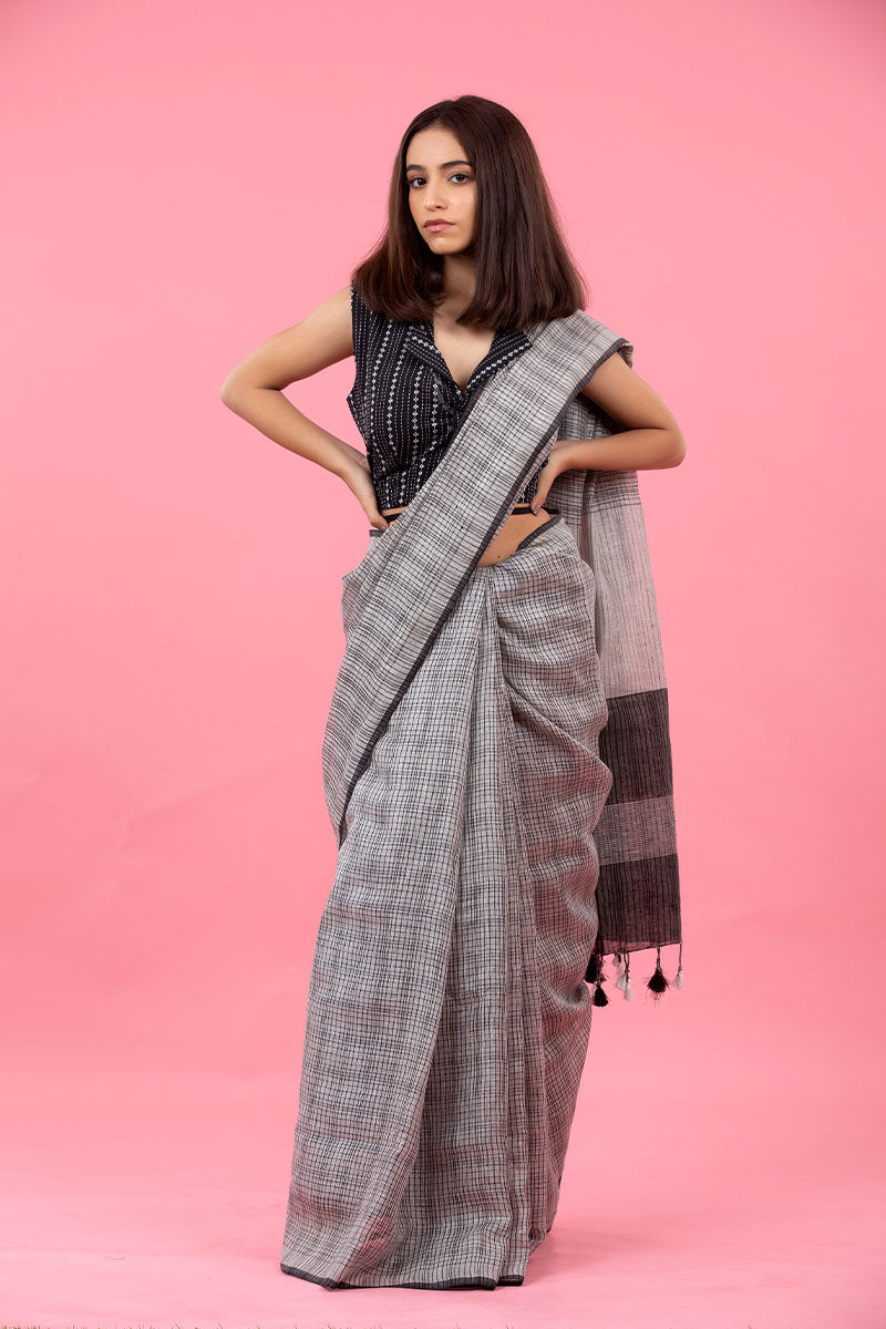 Grey Checkered Woven Linen Saree