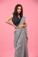Grey Checkered Woven Linen Saree