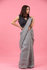 Black Checkered Woven Linen Saree - Chinaya Banaras