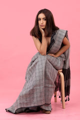 Grey Checkered Woven Linen Saree