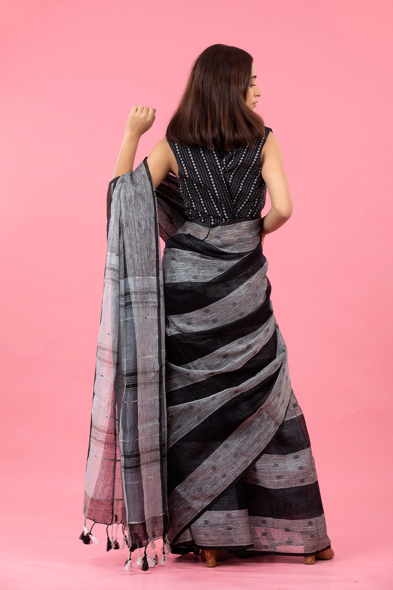 Black Striped Woven Linen Saree