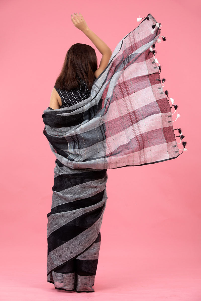 Black Striped Woven Linen Saree