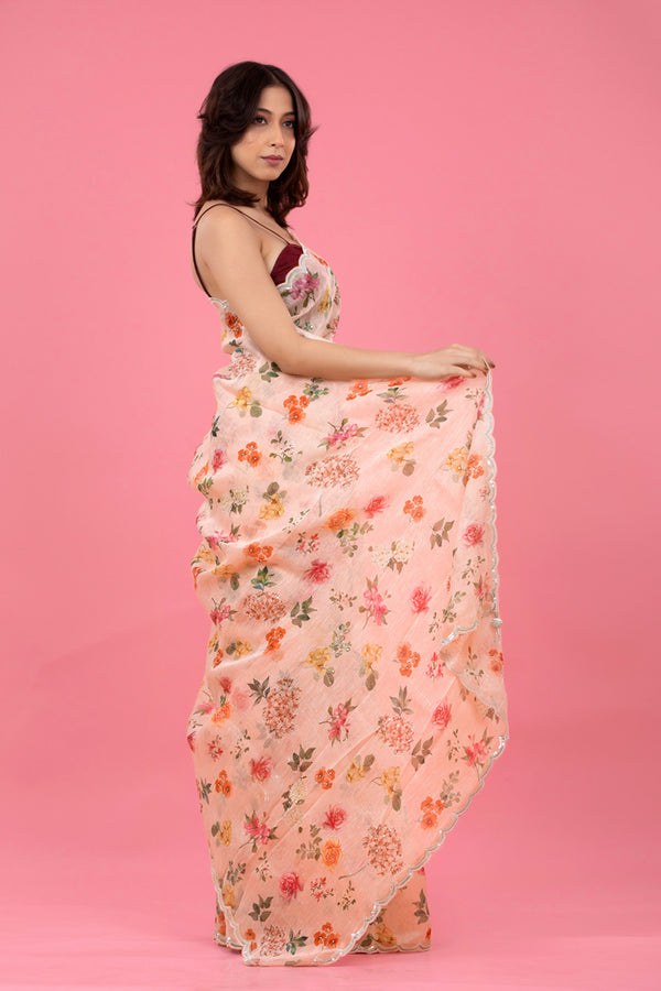 Peach Floral Printed Embellished Linen Saree - Chinaya Banaras