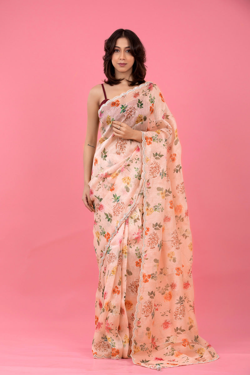 Peach Floral Printed Embellished Linen Saree - Chinaya Banaras