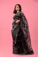 Women In Black Digital Printed Linen Saree At Chinaya Banaras