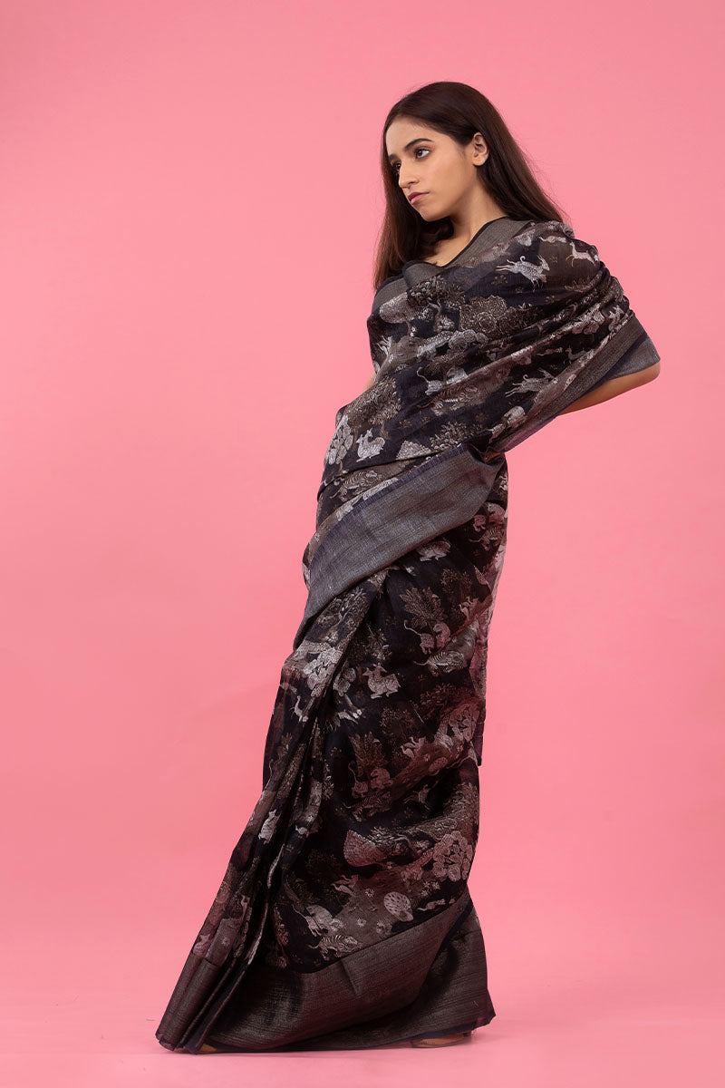 Black Shikargah Digital Printed Linen Saree
