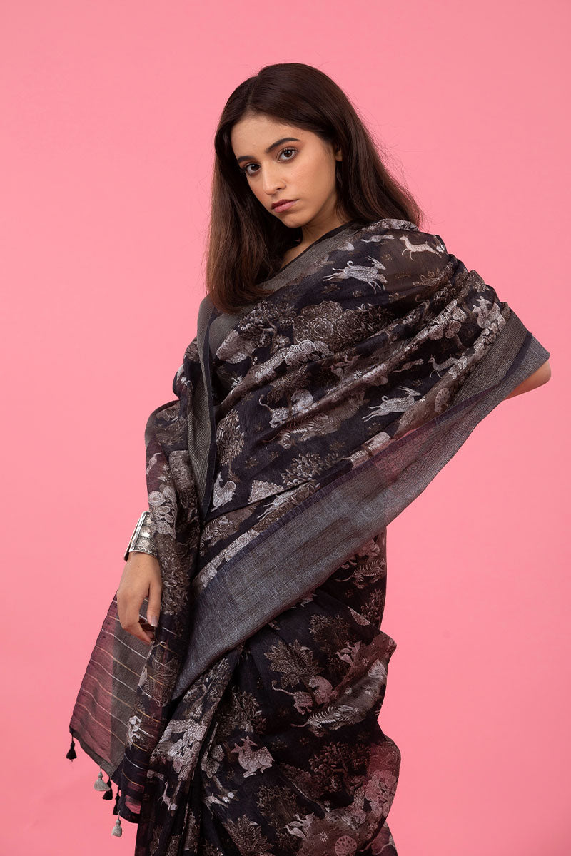 Black Shikargah Digital Printed Linen Saree - Chinaya Banaras