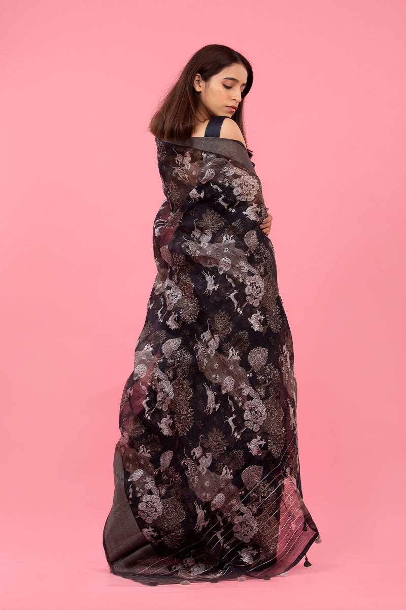 Black Shikargah Digital Printed Linen Saree