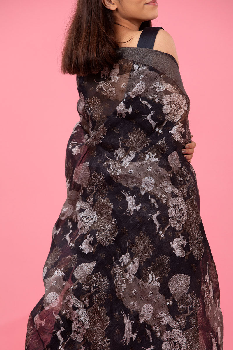 Black Shikargah Digital Printed Linen Saree