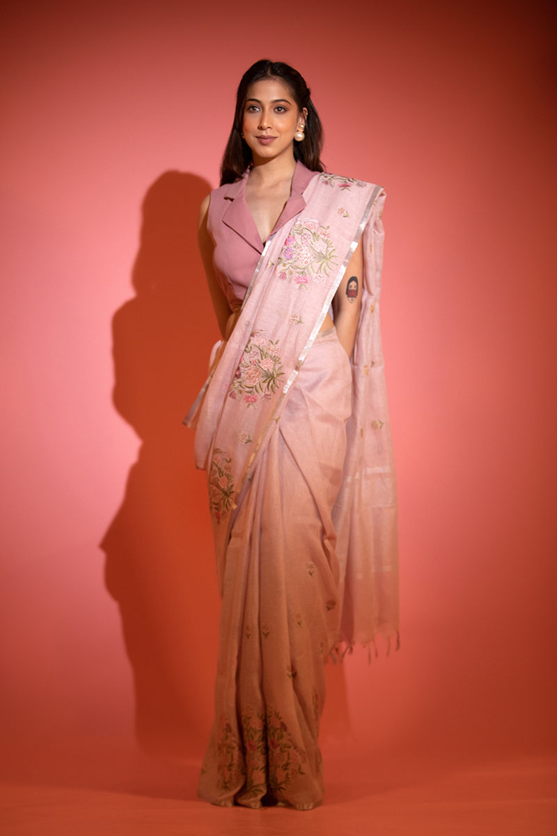 Mauve Floral Embroidered Linen Saree