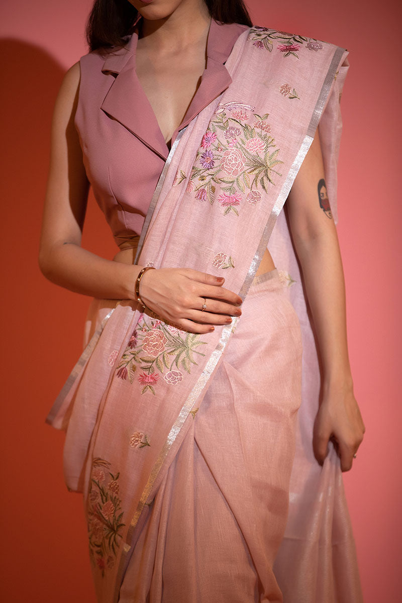 Mauve Floral Embroidered Linen Saree - Chinaya Banaras