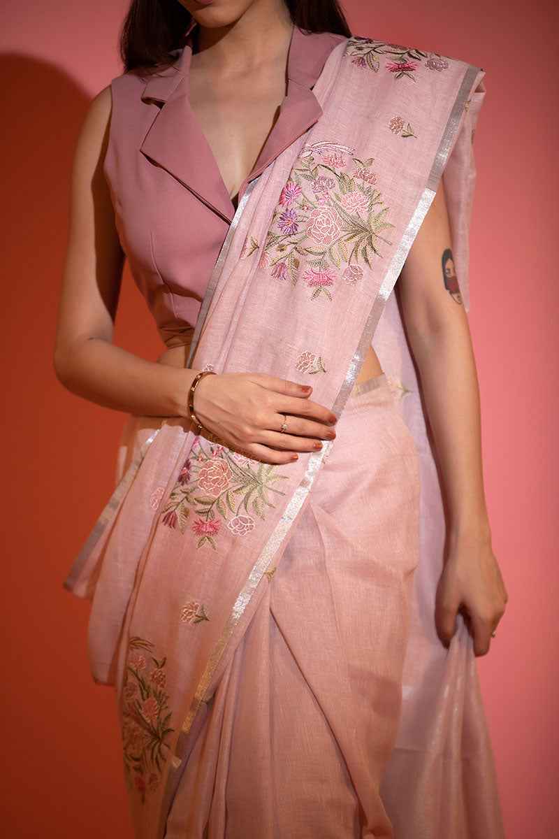 Mauve Floral Embroidered Linen Saree