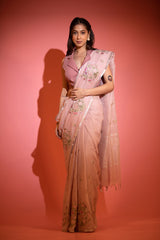 Mauve Floral Embroidered Linen Saree - Chinaya Banaras