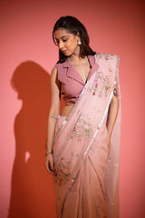 Mauve Floral Embroidered Linen Saree