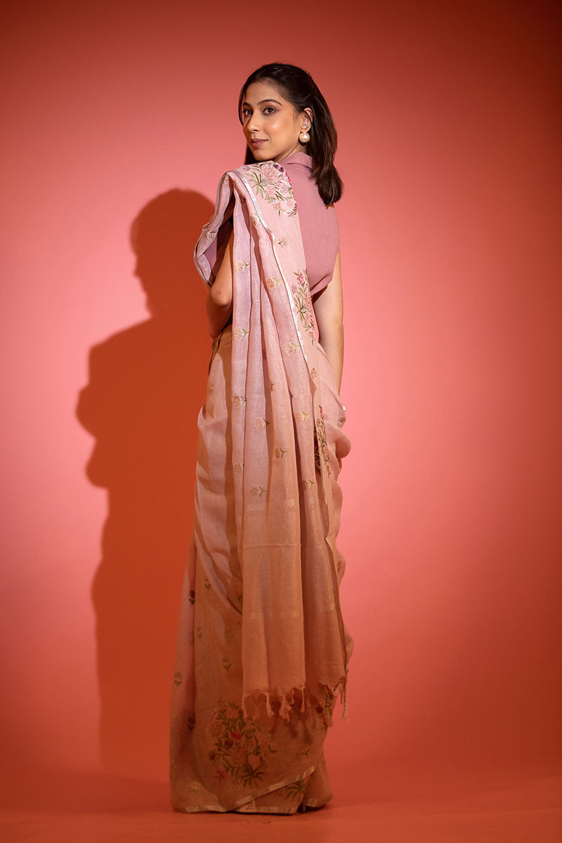 Mauve Floral Embroidered Linen Saree - Chinaya Banaras