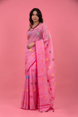 Woman In Pink Resham Woven Linen Saree At Chinaya Banaras 