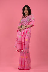 Pink Resham Woven Linen Saree - Chinaya Banaras