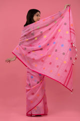 Pink Resham Woven Linen Saree - Chinaya Banaras