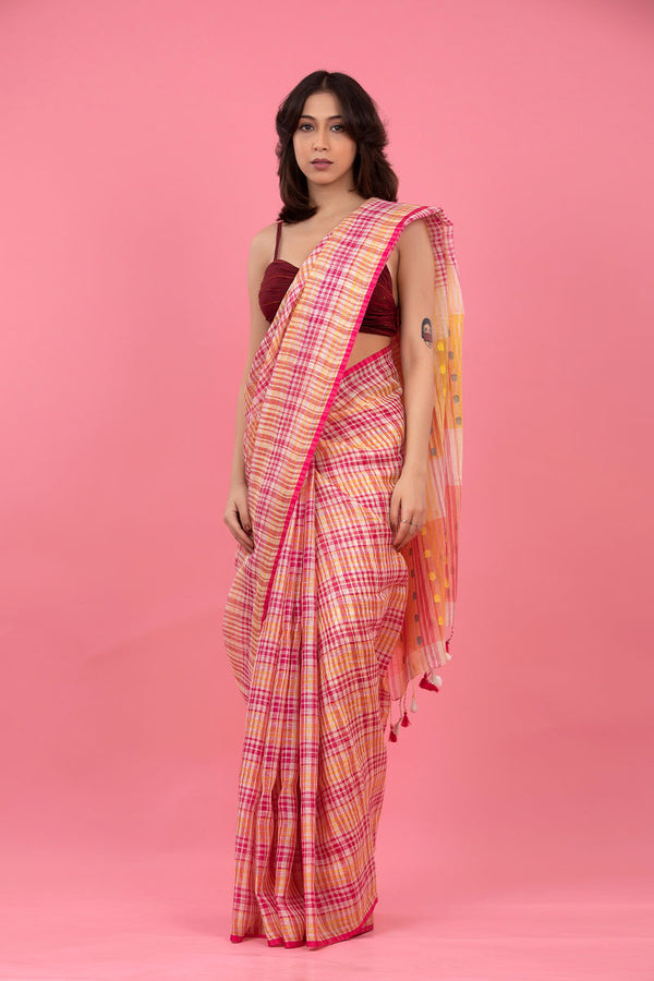 Woman In Pink Checkered Woven Linen Saree At Chinaya Banaras