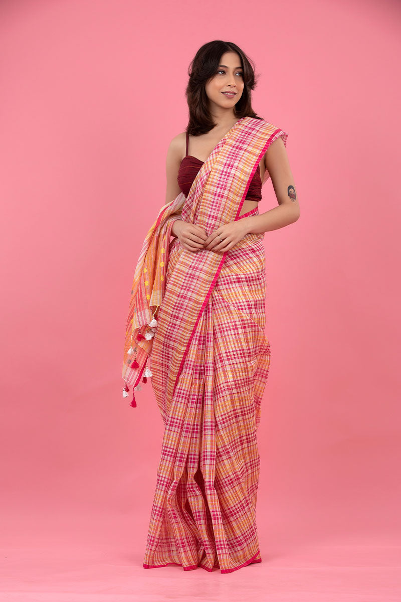 Pink Checkered Woven Linen Saree - Chinaya Banaras