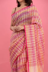 Pink Checkered Woven Linen Saree