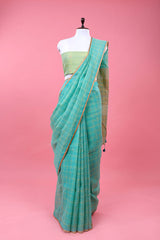 Sea Blue Checkered Woven Linen Saree At Chinaya Banaras