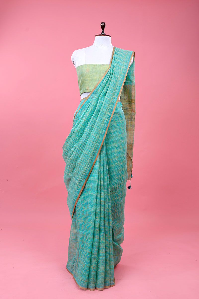 Sea Blue Checkered Woven Linen Saree At Chinaya Banaras