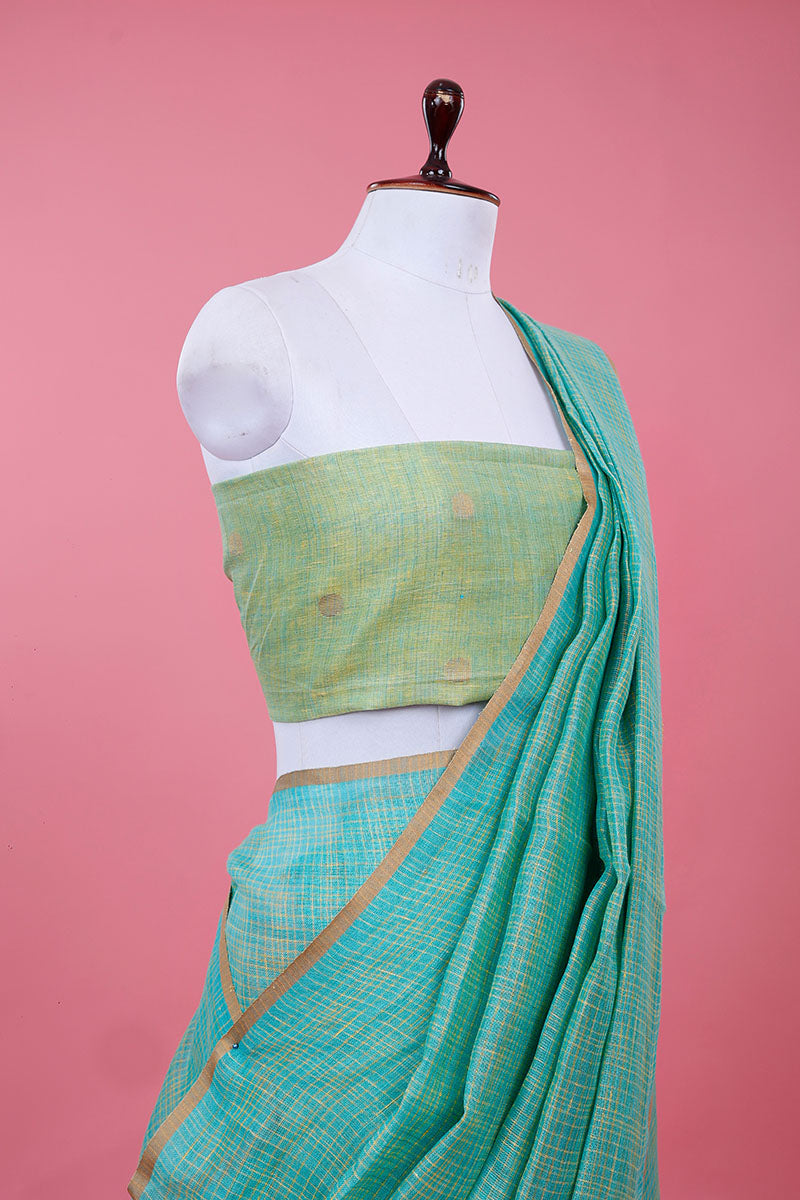 Sea Blue Checkered Woven Linen Saree - Chinaya Banaras