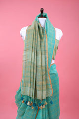 Sea Blue Checkered Woven Linen Saree - Chinaya Banaras